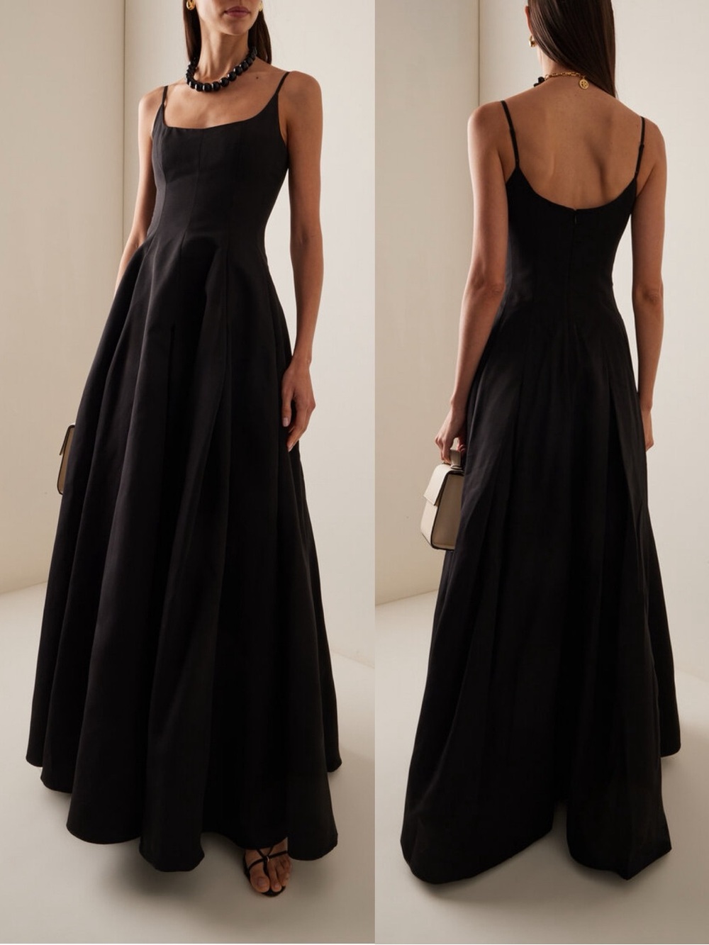 STAUD Joy Cotton Blend Gown Maxi Dress Black Side Pockets NEW with tag